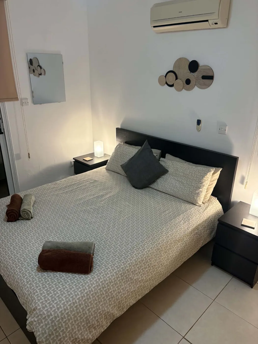 Palm Villa double bedroom in warm evening light, Pernera Cyprus